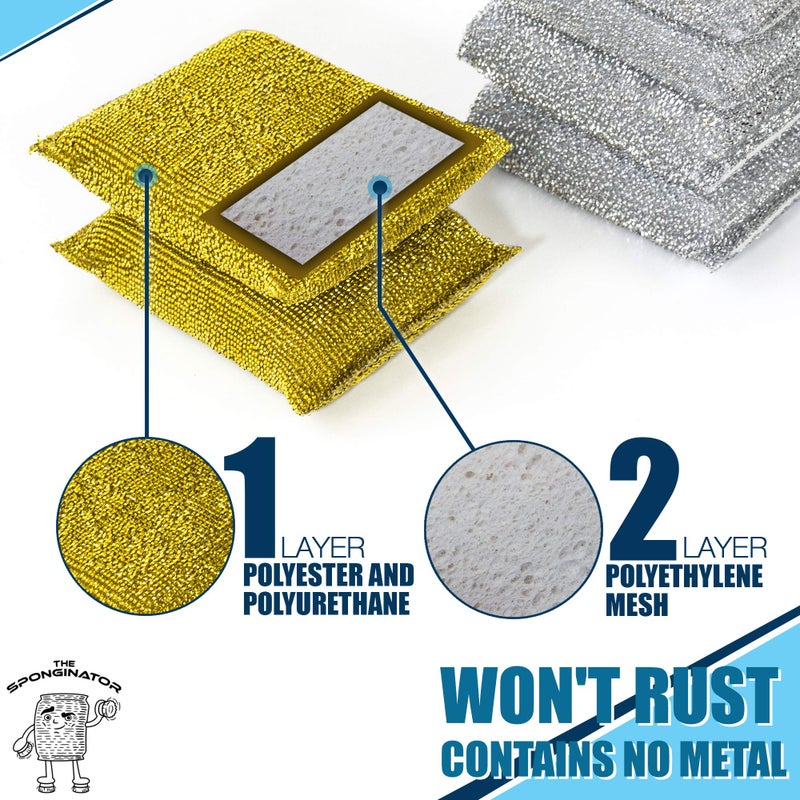 SmokEase SPONGENATOR Kitchen Scrubbing Sponges - Heavy Duty Non-Scratch Scrubbing Cleaner Sponges in 2 Colors - Multi-Surface Non-Metal Dish Scouring Scrubbers for Fast Cleaning (Gold & Silver, 6) - Image 3
